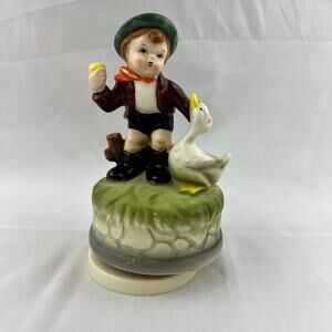 Vintage Japan Music Box Boy Goose Figurine Wind Up Alpine Swiss 6in Mid Century